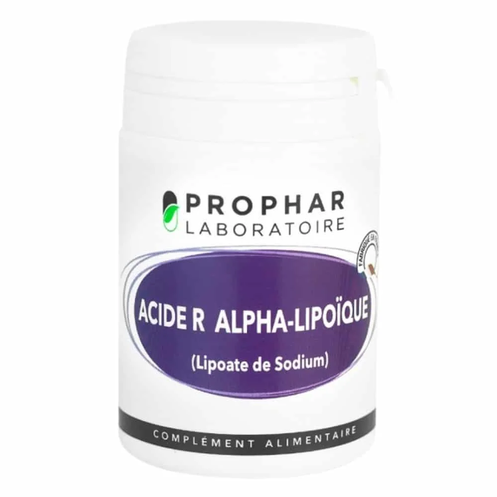 prophar-acide-r-alpha-lipoique-lipoate-de-sodium-30-gelules.jpg Flacon blanc Prophar Acide R Alpha-Lipoïque, lipoate de sodium, en gélules