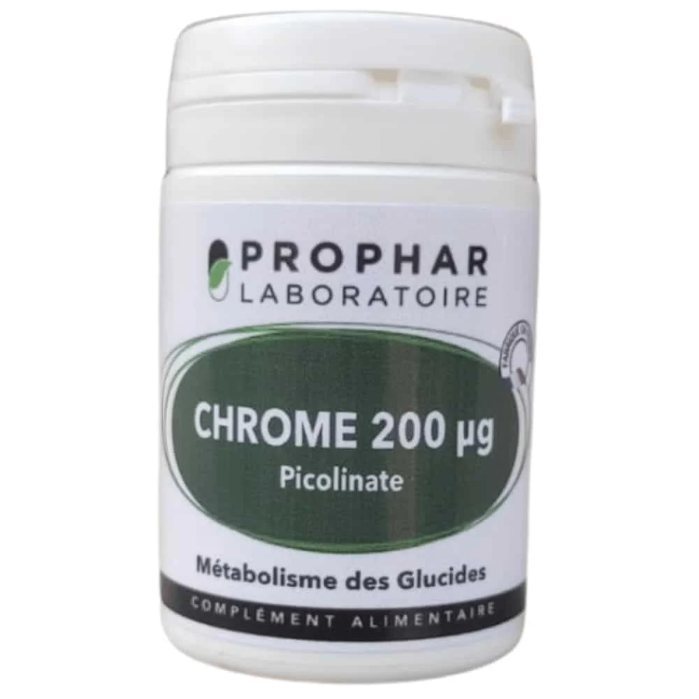 prophar-chrome-200ug-picolinate-metabolisme-des-glucides-50-gelules.jpg Flacon blanc Prophar Chrome 200µg Picolinate, complément alimentaire en gélules
