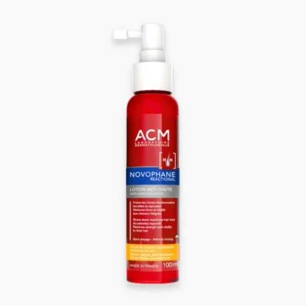 Flacon spray rouge ACM Novophane Reactional lotion anti-chute 100 ml