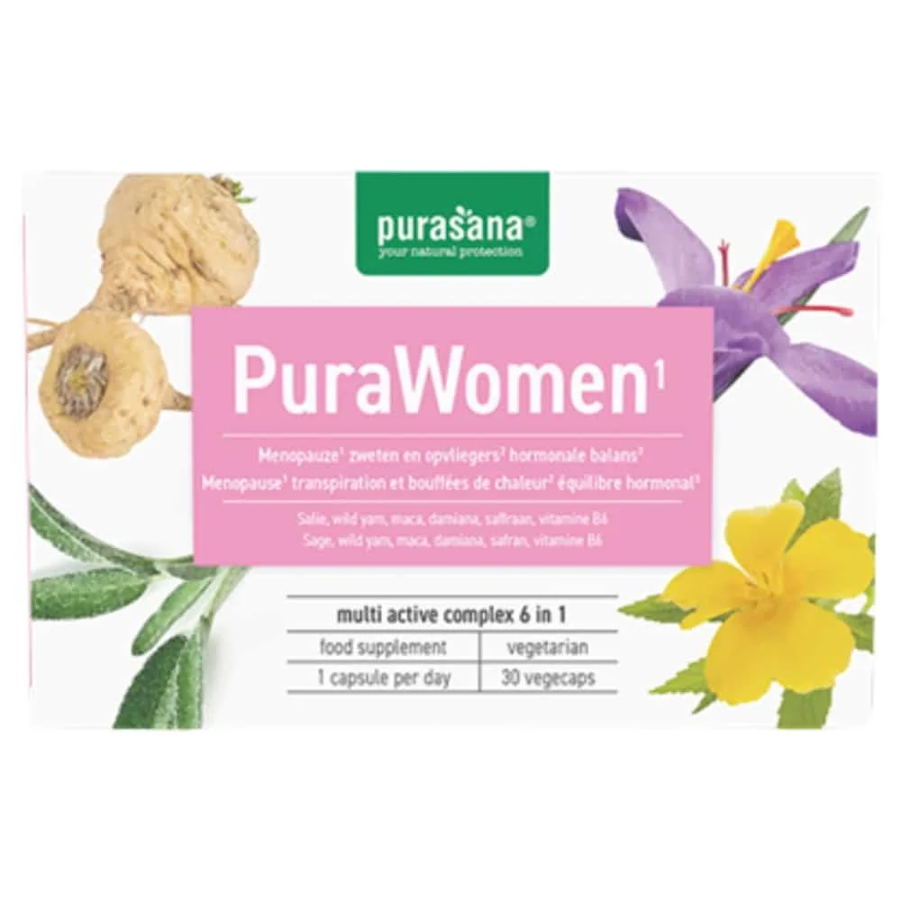 purasana-purawomen-30-capsules.jpg Boîte rose Purasana PuraWomen, complexe 6 en 1, 30 gélules végétales