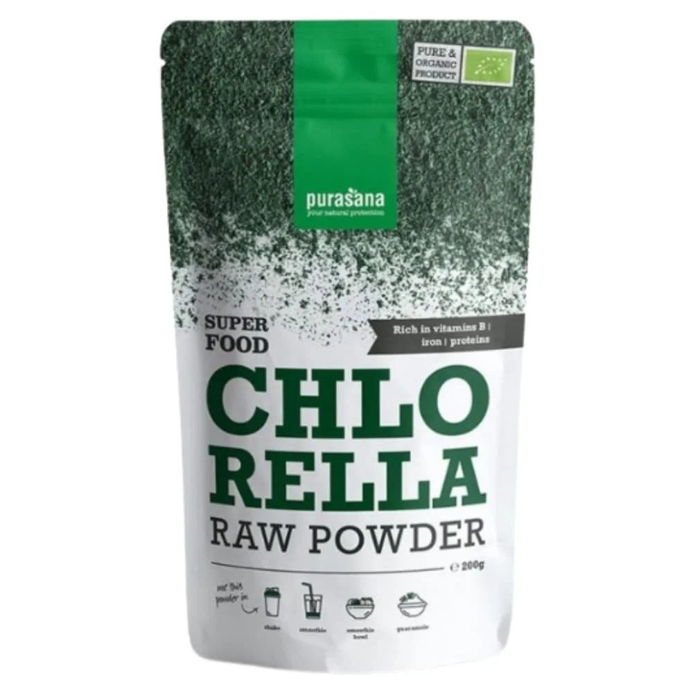 purasana-super-food-chlorella-poudre-bio-200g.jpg Sachet vert foncé Purasana poudre de chlorella crue bio 200 g