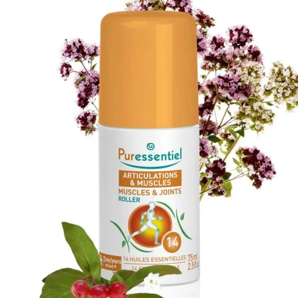 Flacon roll-on blanc à capuchon orange Puressentiel Articulations & Muscles 75 ml