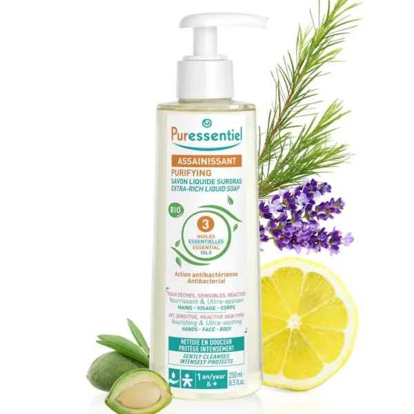 Flacon-pompe transparent Puressentiel savon liquide surgras assainissant 250 ml