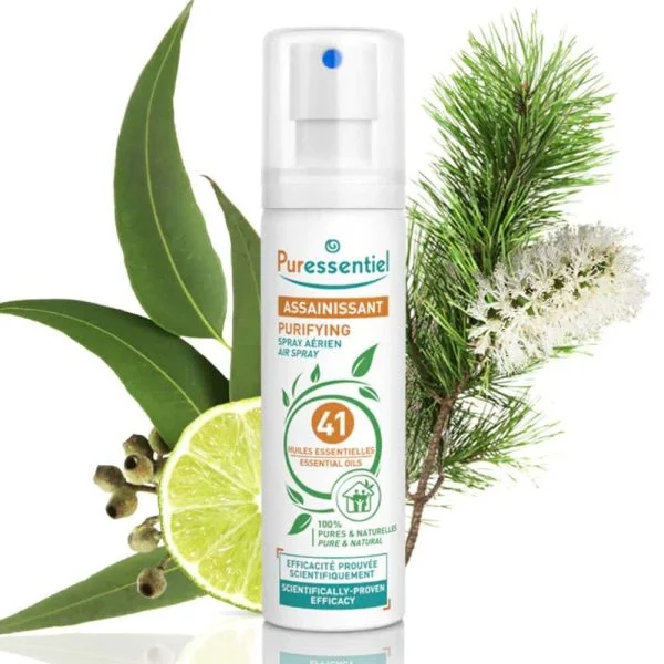 Flacon blanc et vert Puressentiel spray aérien assainissant aux 41 huiles essentielles