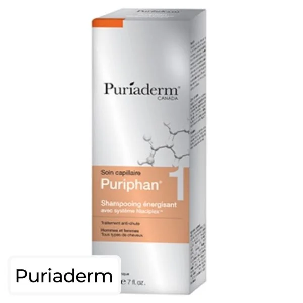Étui argenté et orange Puriaderm Puriphan 1 shampooing énergisant 200 ml