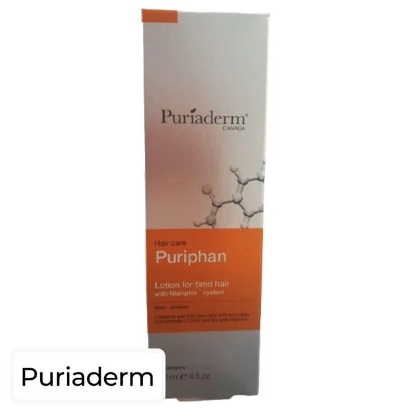 Flacon Puriaderm Puriphan lotion cheveux fragilisés 120 ml, étui orange et blanc