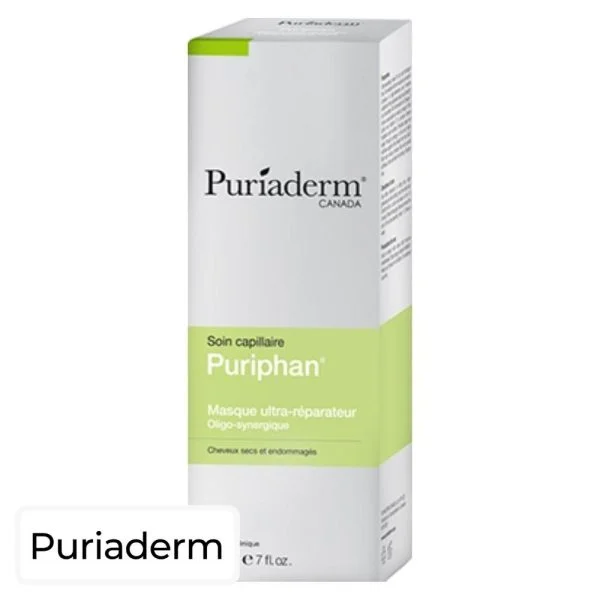 Étui blanc et vert Puriaderm Puriphan masque ultra-réparateur cheveux secs 200 ml