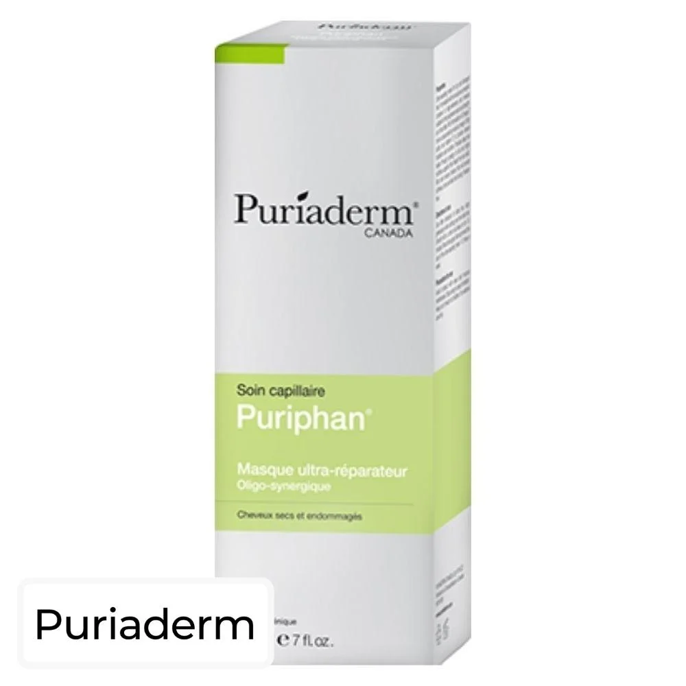 puriaderm-puriphan-masque-ultra-reparateur-200ml.jpg Étui blanc et vert Puriaderm Puriphan masque ultra-réparateur cheveux secs 200 ml