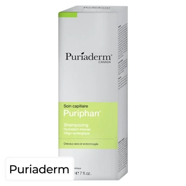 Étui blanc et vert Puriaderm Puriphan shampooing hydratant intense 200 ml