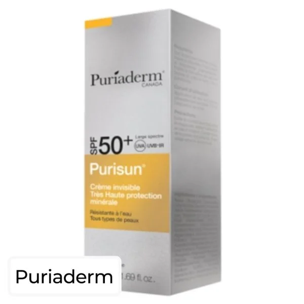 Étui blanc et jaune Puriaderm Purisun crème solaire invisible SPF50+ 50 ml