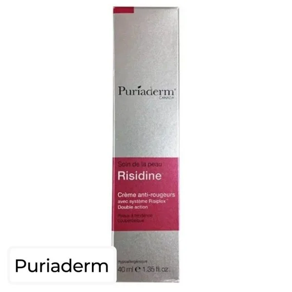 Étui argenté et rose Puriaderm Risidine crème anti-rougeurs 40 ml