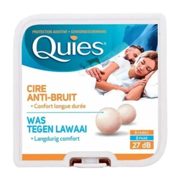Boîtier Quies cire anti-bruit 27 dB huit paires, deux boules blanches