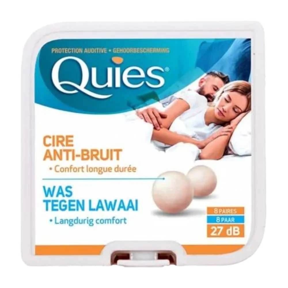 quies-cire-anti-bruit-8x2u.jpg Boîtier Quies cire anti-bruit 27 dB huit paires, deux boules blanches