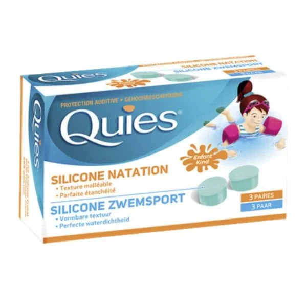 Boîte Quies silicone natation enfant, trois paires de bouchons verts
