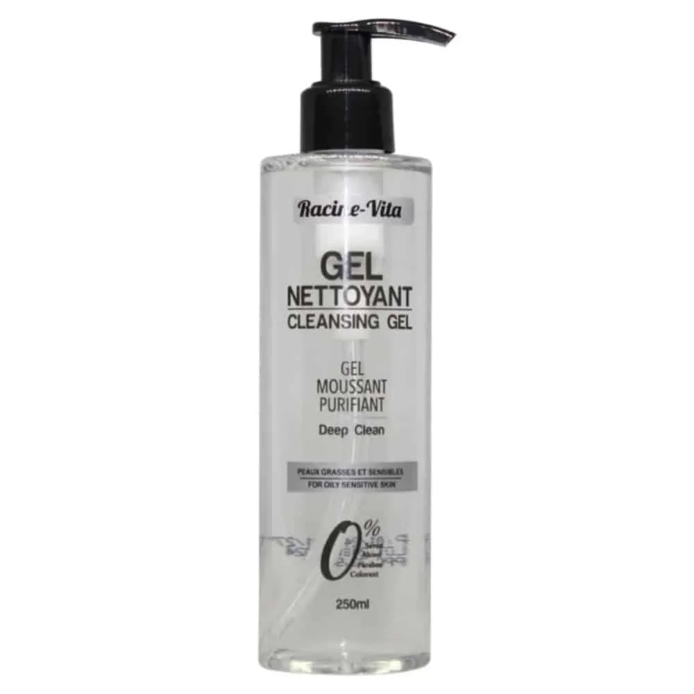 racine-vita-gel-nettoyant-moussant-purifiant-250ml.jpg Flacon pompe transparent de gel nettoyant moussant Racine-Vita 250 ml