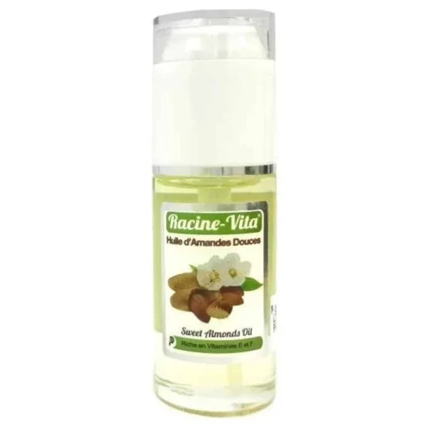 Flacon pompe d'huile d'amandes douces Racine-Vita 40 ml, étiquette amandes