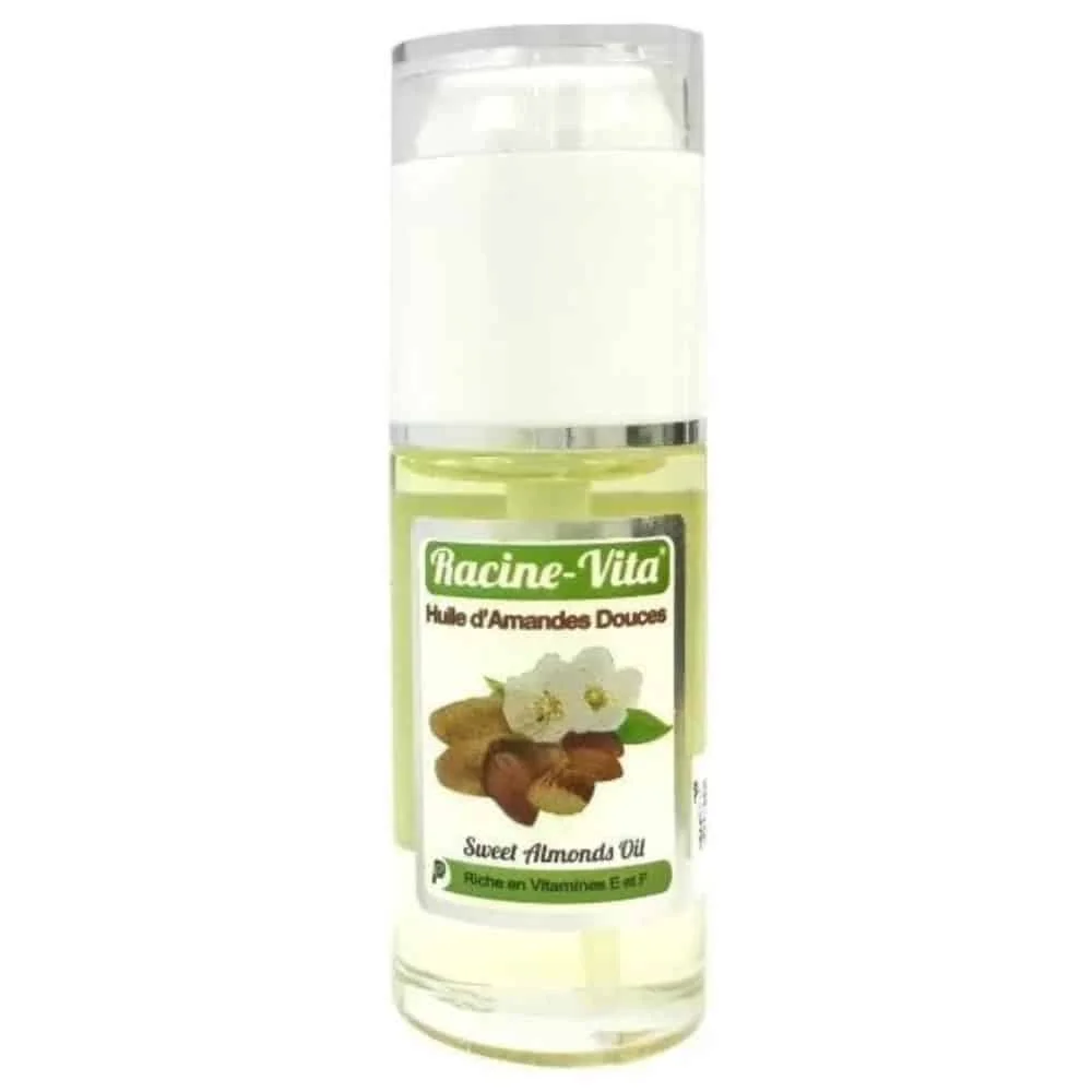 racine-vita-huile-d-amandes-douces-40ml.jpg Flacon pompe d'huile d'amandes douces Racine-Vita 40 ml, étiquette amandes