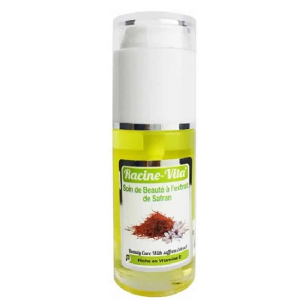 racine-vita-huile-d-extrait-de-safran-soin-de-beaute-40ml.jpg Flacon-pompe blanc d'huile jaune Racine-Vita à l'extrait de safran 40 ml