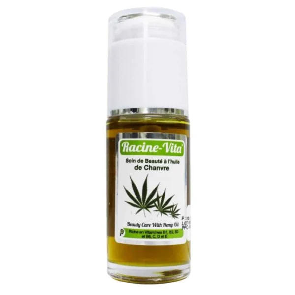 Flacon pompe d'huile de chanvre verte Racine-Vita 40 ml, feuilles sur l'étiquette