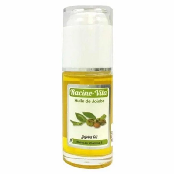 Flacon pompe d'huile de jojoba dorée Racine-Vita 40 ml, étiquette verte