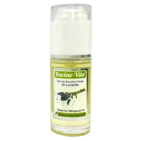 Flacon pompe d'huile de lavande Racine-Vita 40 ml, brins de lavande sur l'étiquette