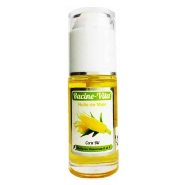 Flacon pompe d'huile de maïs jaune Racine-Vita 40 ml, épi sur l'étiquette