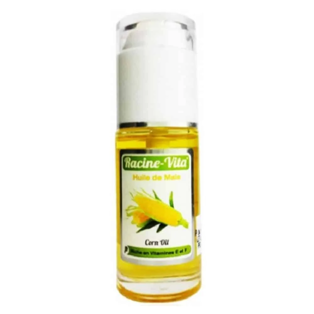 racine-vita-huile-de-mais-40ml.jpg Flacon pompe d'huile de maïs jaune Racine-Vita 40 ml, épi sur l'étiquette