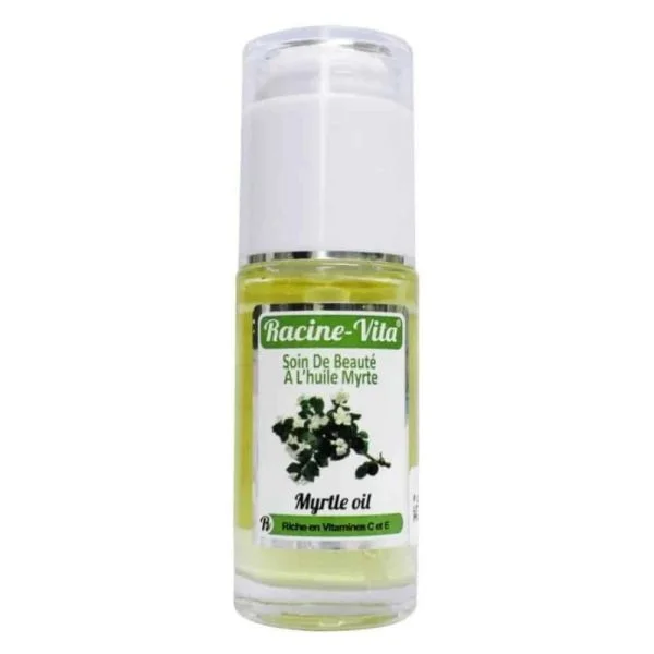 Flacon pompe d'huile de myrte Racine-Vita 40 ml, fleurs blanches sur l'étiquette