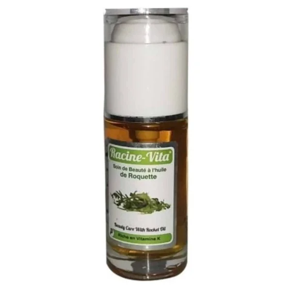 Flacon pompe d'huile de roquette ambrée Racine-Vita 40 ml, feuilles sur l'étiquette