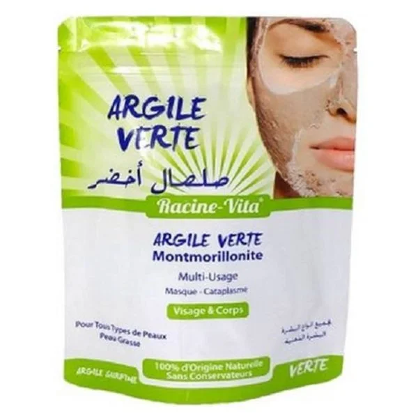 Sachet zip vert Racine-Vita argile verte montmorillonite masque visage et corps