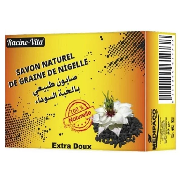 Étui jaune savon naturel Racine-Vita graine de nigelle extra doux 80 g