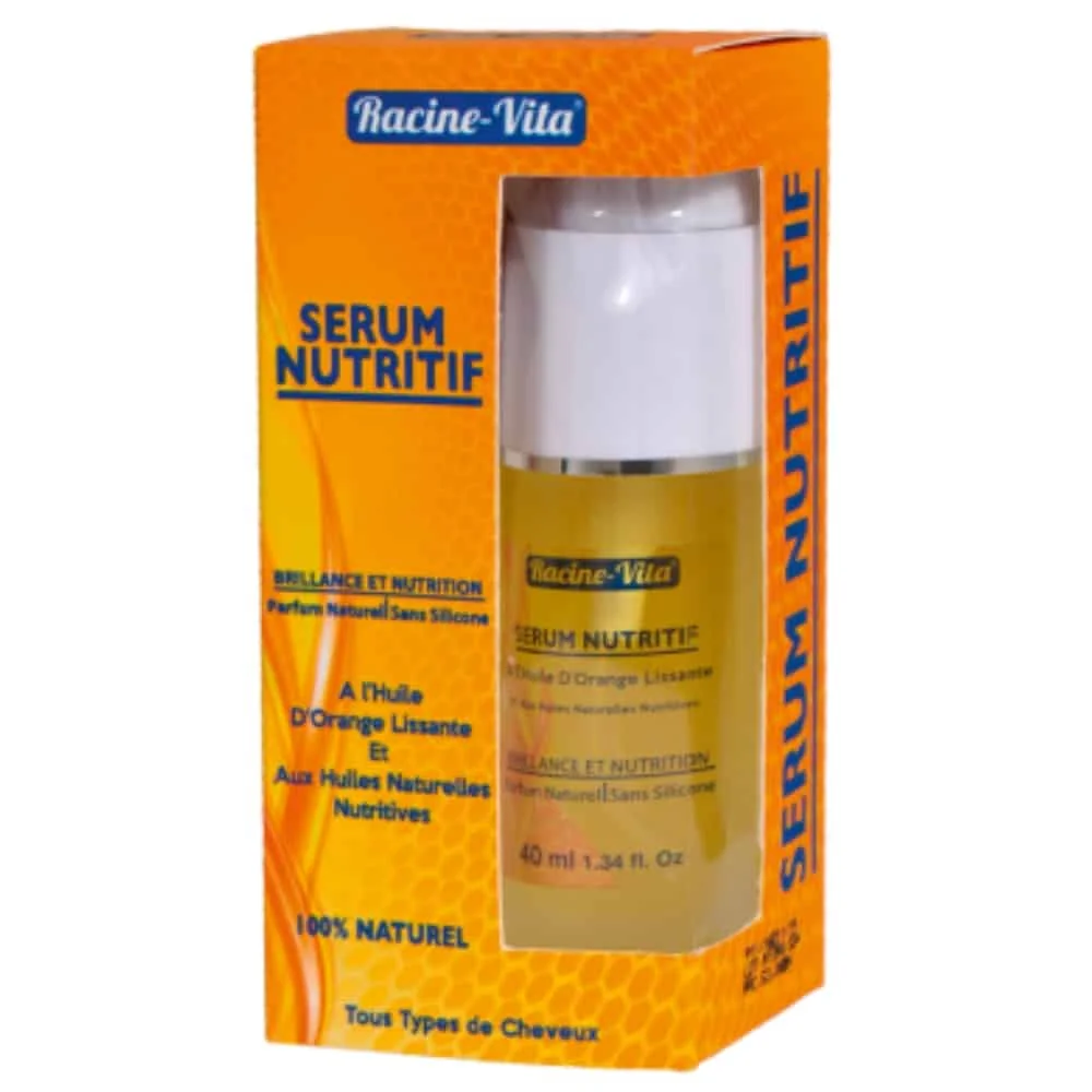 racine-vita-serum-nutritif-capillaire-brillance-40ml.jpg Étui orange et flacon-pompe sérum nutritif Racine-Vita 40 ml cheveux