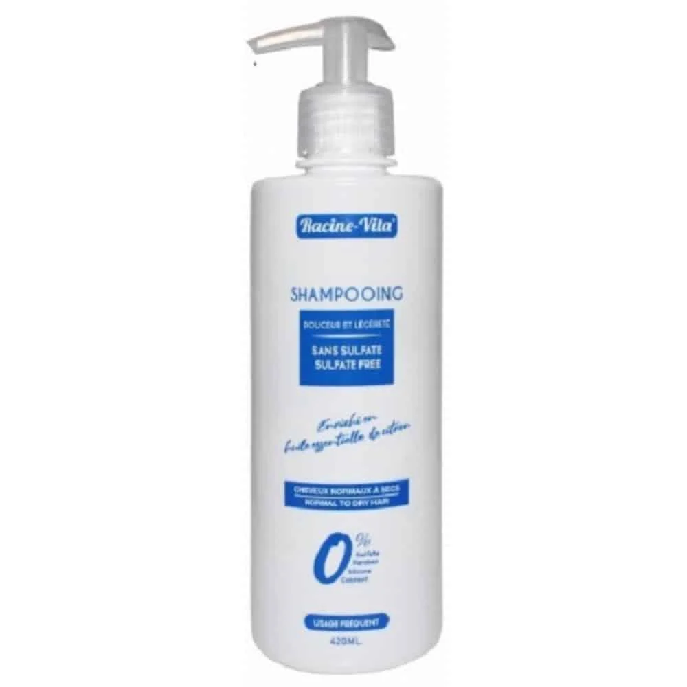 racine-vita-shampoing-bouclier-et-legerete-420ml.jpg Flacon-pompe blanc shampooing Racine-Vita sans sulfate 420 ml texte bleu
