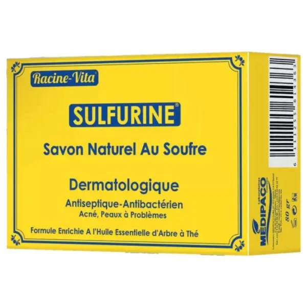 Étui jaune savon Sulfurine Racine-Vita naturel au soufre 80 g