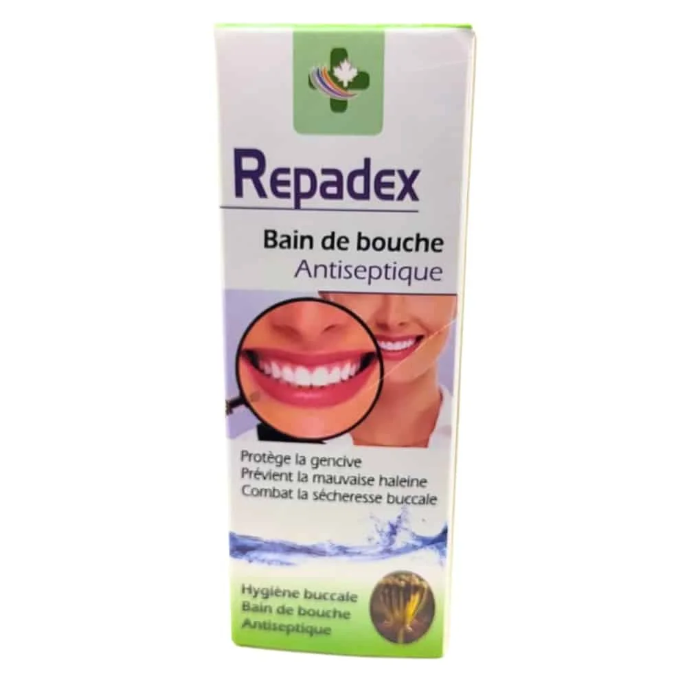 repadex-bain-de-bouche-antiseptique-100ml.jpg Étui vert et blanc Repadex bain de bouche antiseptique, sourire en gros plan
