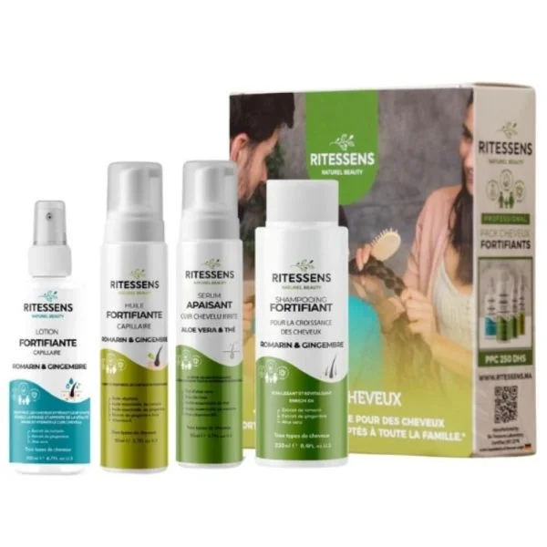 Quatre flacons Ritessens et coffret pack cheveux fortifiant romarin gingembre