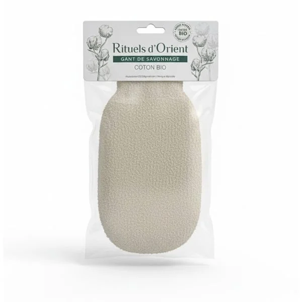 Pochette Rituels d'Orient et gant de savonnage écru en coton bio