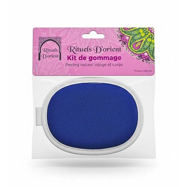 Kit de gommage Rituels d'Orient, disque ovale bleu sous blister rose