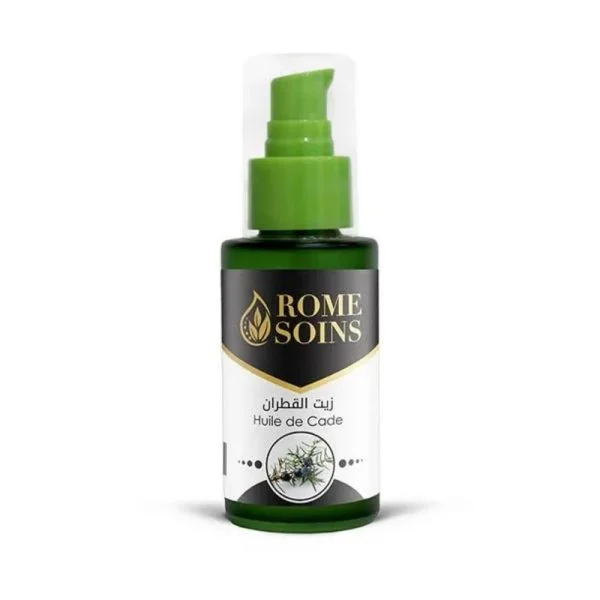 Flacon vert 60 ml Rome Soins huile de cade, étiquette noire, pompe verte