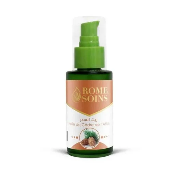 Flacon vert 60 ml Rome Soins huile de cèdre de l'Atlas, étiquette saumon