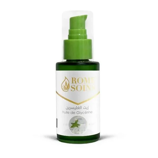 Flacon vert 60 ml Rome Soins huile de glycérine, pompe verte, étiquette blanche