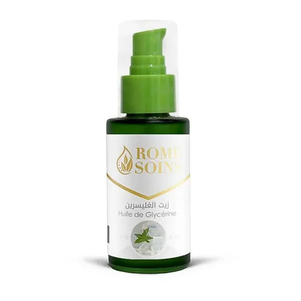 rome-soins-huile-de-glycerine-60ml.jpg Flacon vert 60 ml Rome Soins huile de glycérine, pompe verte, étiquette blanche