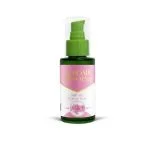 Flacon vert 60 ml Rome Soins huile de rose, étiquette rose, pompe verte
