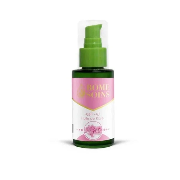 Flacon vert 60 ml Rome Soins huile de rose, étiquette rose, pompe verte