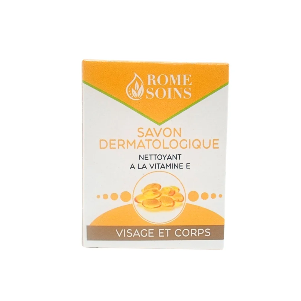 rome-soins-savon-dermatologique-vitamine-e.jpg Boîte orange Rome Soins savon dermatologique vitamine E, visage et corps