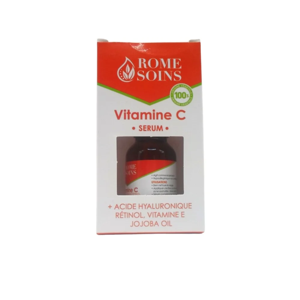 rome-soins-serum-vitamine-c-15ml.jpg Étui rouge Rome Soins sérum vitamine C 15 ml, flacon visible