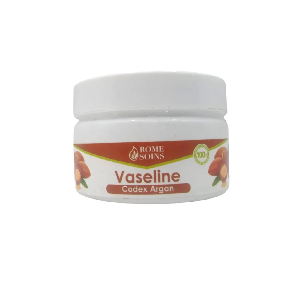 rome-soins-vaseline-codex-argan-120g.jpg Pot blanc Rome Soins vaseline codex argan, bandeau marron, fruits d'arganier