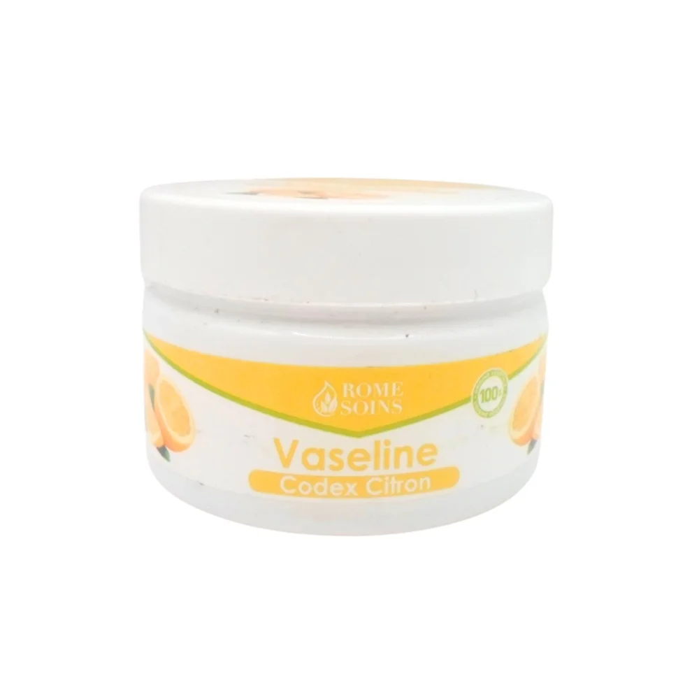 rome-soins-vaseline-codex-citron-120g-1.jpg Pot blanc Rome Soins vaseline codex citron, bandeau jaune, citrons illustrés