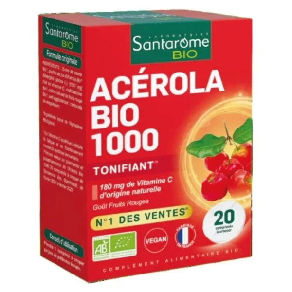 Santarôme Bio Acérola 1000 Tonifiant 180mg De Vitamine C Goût Fruits Rouges 20 Comprimés
