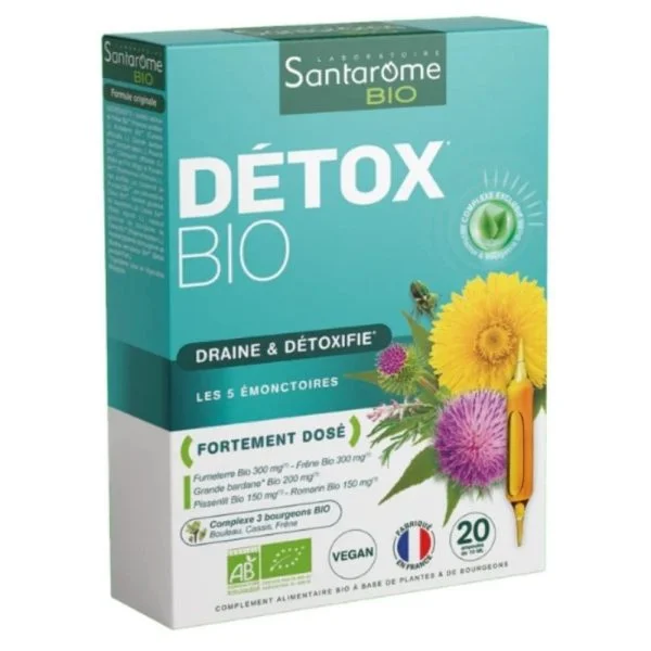 Boîte bleu turquoise Santarome Bio Détox draine et détoxifie, 20 ampoules